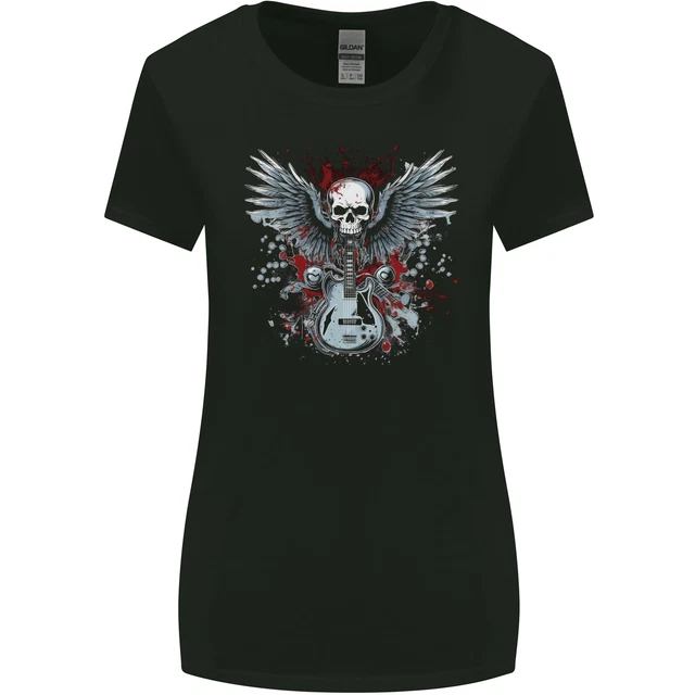 T-shirt Homme Heavy Metal Crâne Et Guitare - Manches Longues, Gris, Coton, Marque Gildan, Taille Régulière, Neuf Avec étiquettes