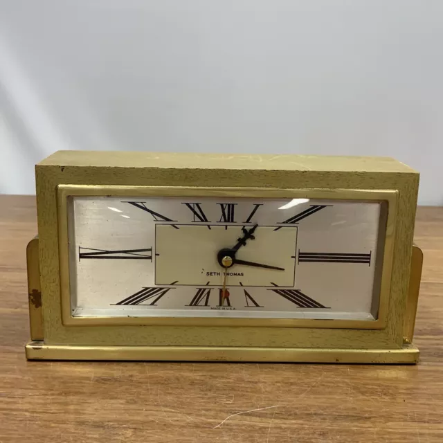 Vintage Seth Thomas Mantle Shelf Electric Clock: Baxter 4E Blonde Wood Brass MCM