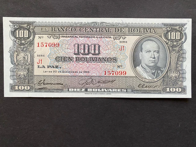 BOLIVIA, 1945, Billete Banco Central de Bolivia, 100 BOLIVIANOS, Serie J1, UNC