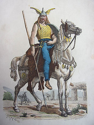 COSTUME DE PARIS gravure coloriée. Cavalier Gaulois après l'invasion Romaine