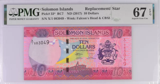 Solomon Islands 10 Dollars ND 2017 P 33* Replacement Superb Gem UNC PMG 67 EPQ