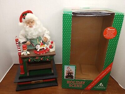 Vtg Holiday Creations Scene SANTA CLAUS Toy Workbench Musical Lighted Candle BOX