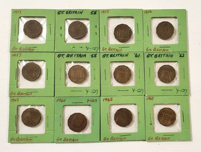 Great Britain 3 Pence Nice Coins 1953-58 and 1961-65 and 1967 Lot of 12
