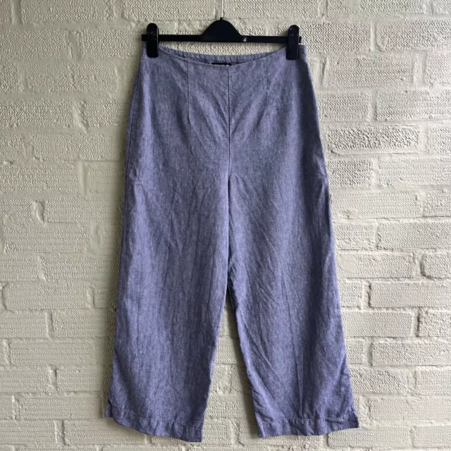 Whistles Blue Linen Trousers 12 Cropped Wide Leg Work Relaxed Summer Lightweight