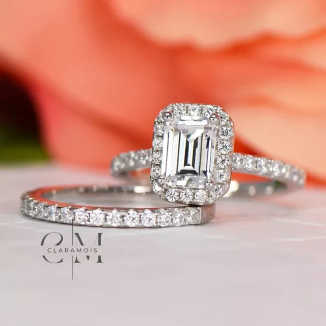 Moissanite Bridal Set Engagement Ring 2.50 CT Emerald Cut Solid 14K White Gold