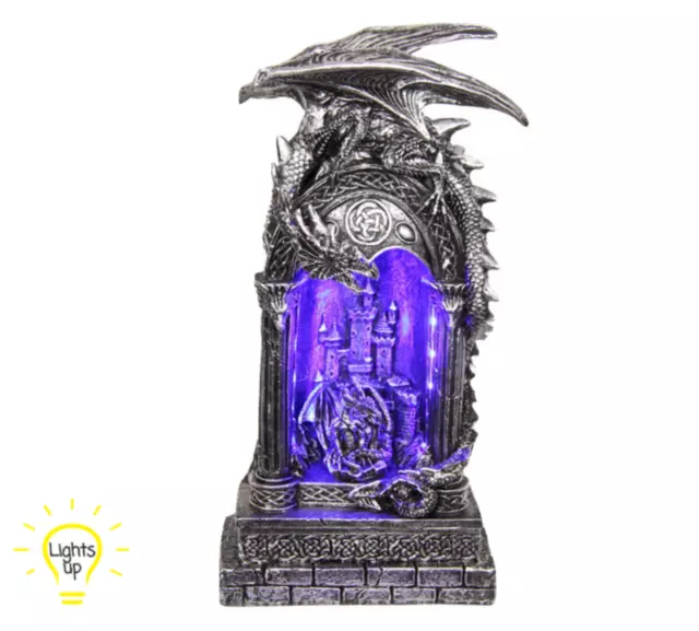 Silver/Black Dragon in Light Up Cave Statue 28cm Gothic Figurine - Brand New