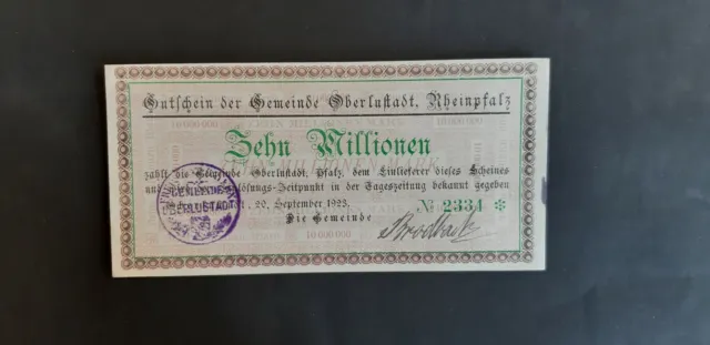 K4038b Notgeldschein Gemeinde Oberlustadt 10 Mio  1923