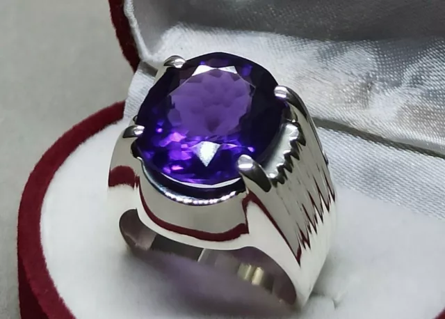 12 Carat Oval Cut Dark Purple Amethyst Sterling Silver 925 Handmade Mens Ring