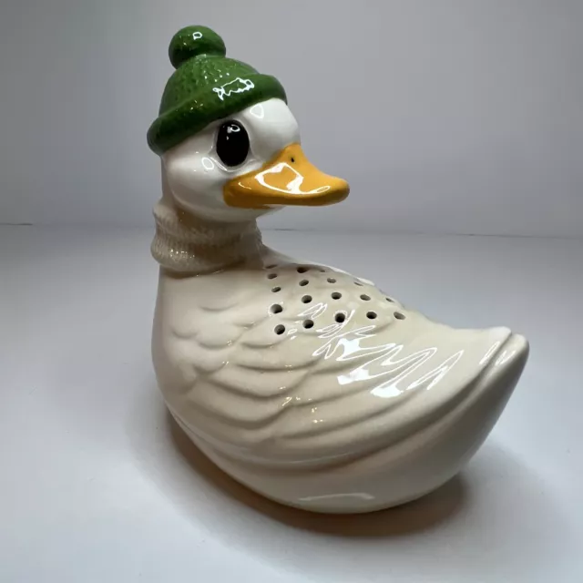 Vintage Ceramic Duck with Green Hat & Scarf Rubber Stopper Shaker Potpourri