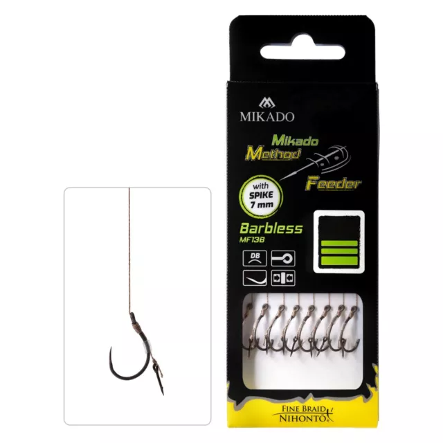 8 x METHOD FEEDER BARBLESS Haken Rig mit Spike / Nadel geflochtener Schnur