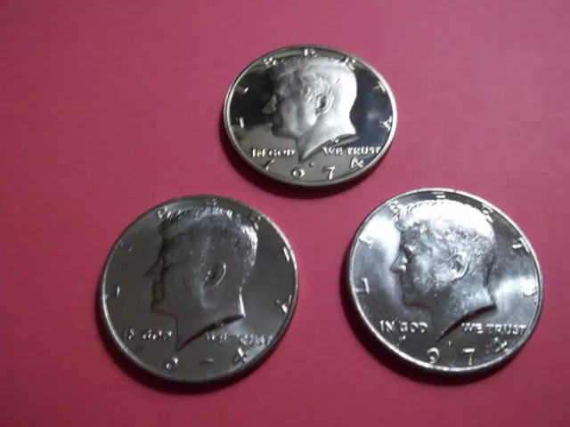 1974 S, P, D  Kennedy Half Dollar Year Set Gem Proof & BU  3 Coins