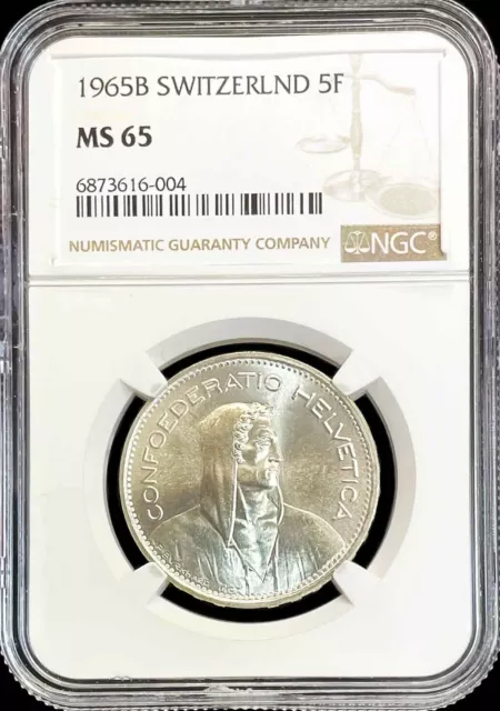 1965 B Silver Switzerland 5 Francs William Tell Coin Ngc Ms 65