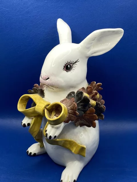 Made in Italy White Ceramic Bunny Rabbit with Flowers and Yellow Bow Figurine