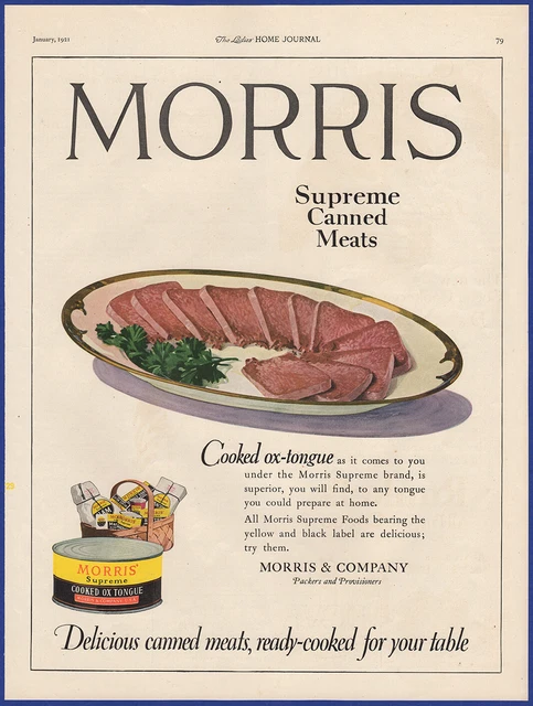 Vintage 1921 MORRIS Supreme Meats Ox Tongue Food Kitchen Decor 1920's Print Ad