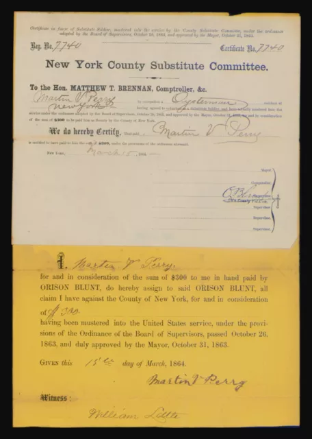 Civil War New York County Substitute Soldier Assignment Paper from 1864 #7740