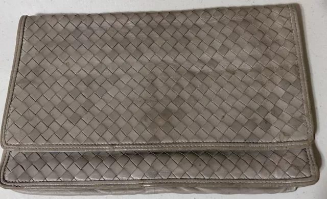 Vintage BOTTEGA VENETA Grey Intrecciato Napa Leather Foldover Clutch AS IS