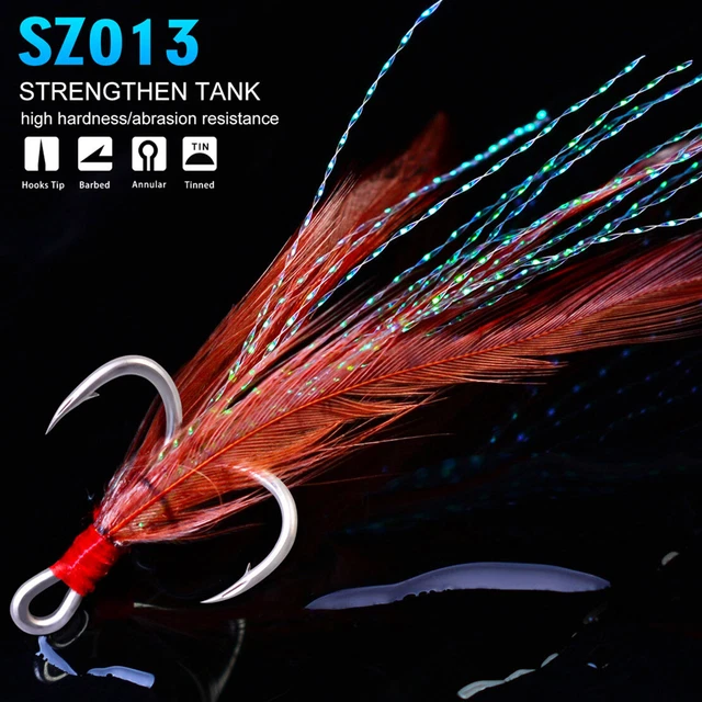 2#~10# Fishing Hook Treble Hooks with 3 Colors Feathers Triple Hooks Barbed Hook
