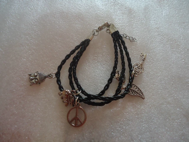 Bracelet Tressé Simili Cuir - Décos Argentées - Longueur 19 Cm - Fermoir Mousqueton - Style Bohème