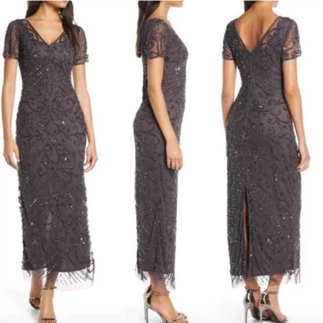Pisarro Nights Charcoal Grey Short Sleeve Beaded V Neck Midi Dress Size 12