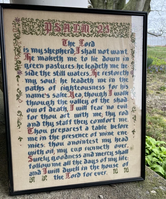 Psalm 23 Needlework Antique Large Cross Stitch Folk Art 22x18 EUC