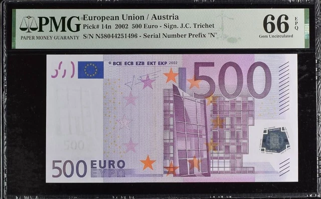 GEM UNC 500 Euro Austria European 2002 Trichet P14n F005 PMG 66 EPQ N58044251496