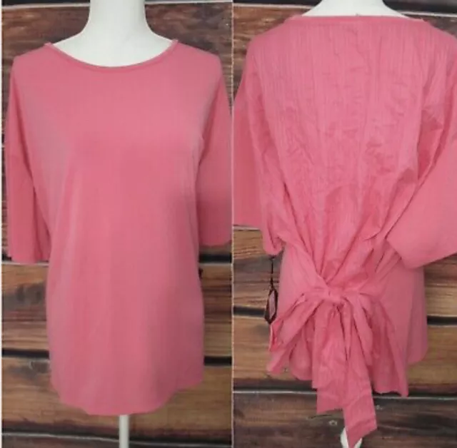 Women's Ava&Viv Plus Size Short Sleeve Mixed Media Tie Waist Top Pink-chose size