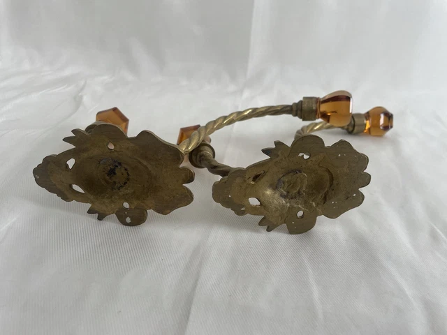 Pair 2 Antique Victorian Ornate Amber Glass Brass Hook Coat Hanger Wall Hardware 16