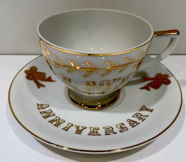 Lefton Porcelain Tea Cup And Saucer Hand Painted Golden “50th Anniversary “