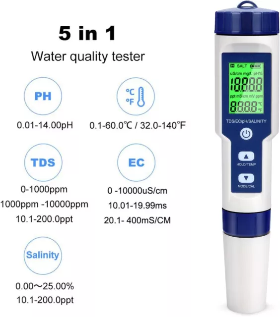 5 IN 1 LCD Digital Wasser Qualität Tester Stift Ec Ph Salzgehalt Temp Meter