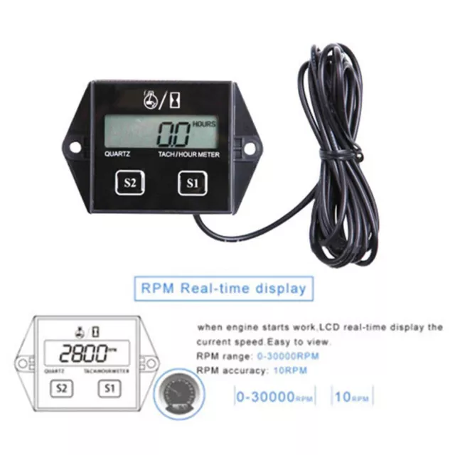 LCD Wire Inductive Tachometer Tach Hour Meter RPM Digital For 2/4 Stroke Engine#