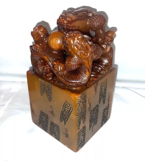 LARGE CHINESE STONE SEAL with DRAGON in BOX