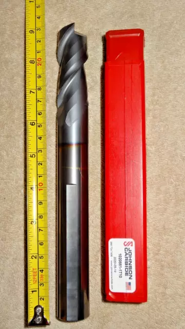 JOHNSON CARBIDE 1" DIA. Coated CARBIDE END MILL. 2FL. .030 RAD. 2.5" LOC. 9" OAL