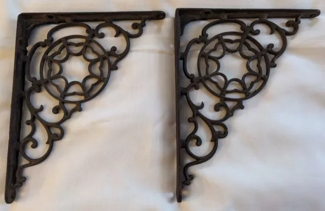 Antique Old Cast Iron Wall Shelf Brackets Very Ornate Eastlake (?) Pair USA