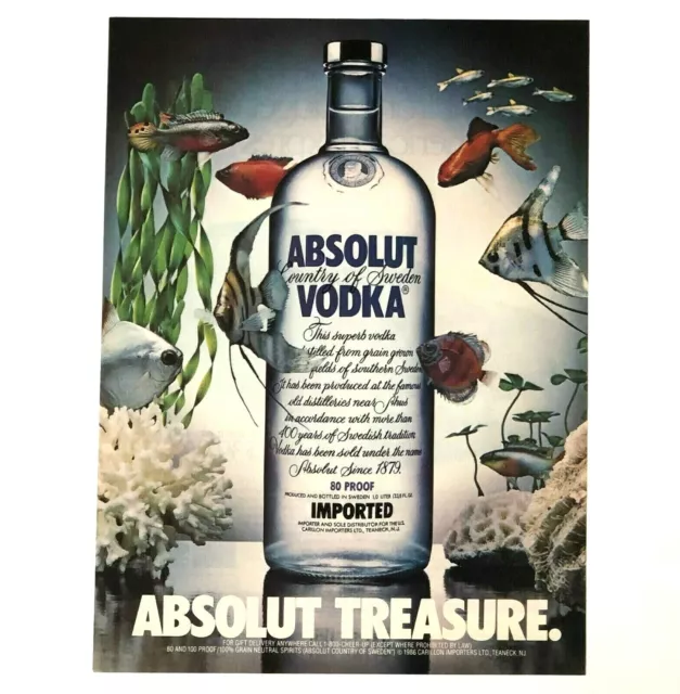 1986 Absolut Vodka Advertisement Treasure Tropical Angel Fish Coral Vtg Print AD