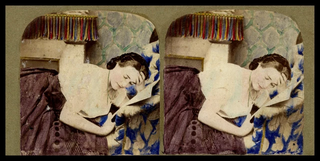 Tirage Stéréoscopique Vintage (ca. 1880) - 'Fillettes Lisant Un Livre' - Format 8.5x17 Cm - Original