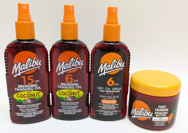 Set of 4 Malibu - Fast Tanning Bronzer Butter, Bronzing Tanning Oil, Dry Oil Spr