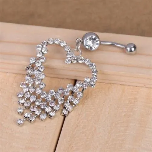 Rhinestone Heart Belly Button Ring Silver Dangle Large Crystal Charm Navel Bling