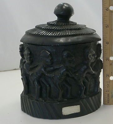Vtg Primitive African Hand Carved Ebony & White Inlay Container Line 10 Men Boys