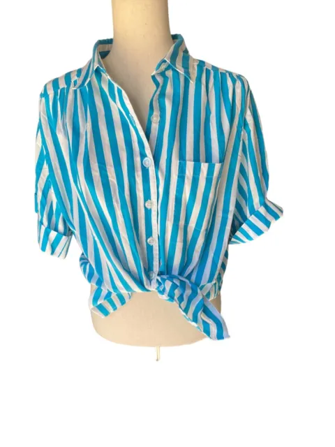 Vintage 80s Blue Striped Blouse Button Front Top Xxl 2XL Bright Pleated CUTE