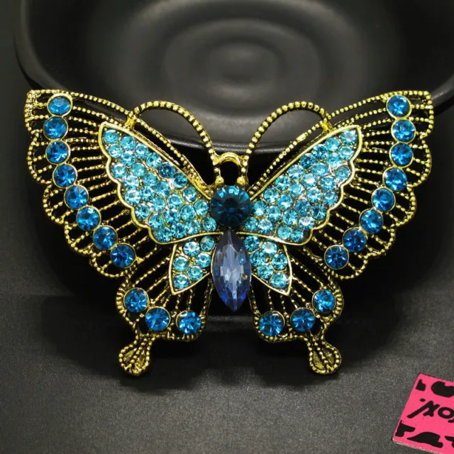New Betsey Johnson Blue Vintage Butterfly Rhinestone Crystal Charm Brooch Pin