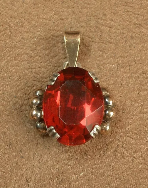 Pendentif Ancien Art Deco En Or 18K & Argent Massif Pierre Rouge Poincon Mixte