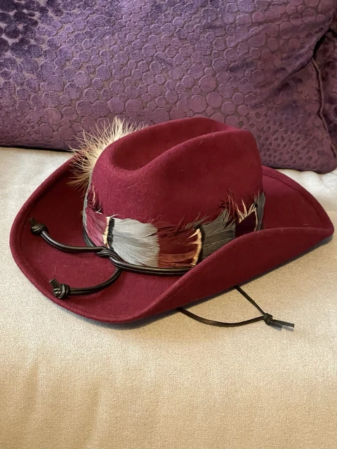 BURGUNDY COWBOY HAT With Feather Band 7 1/2” Crown 14” Long Front To ...