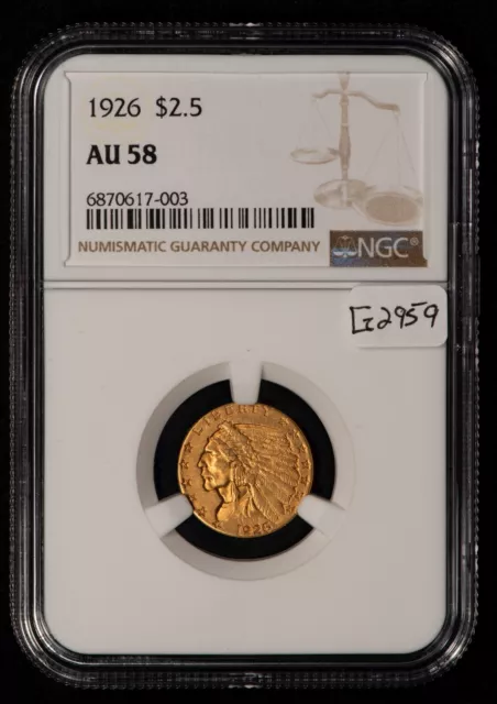 1926 G$2.50 Indian Head Gold Quarter Eagle - Flashy Luster - NGC AU 58 - G2959