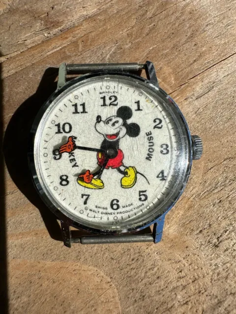 Vintage Swiss Made Bradley #62 Disney Mickey Mouse Watch Orange Gloves