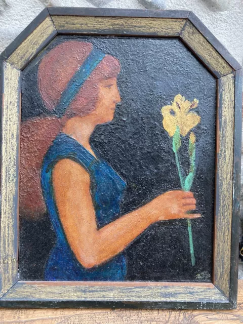 Muy Bonita Pintura Óleo en el panel pizarra joven mujer retrato art deco 1930
