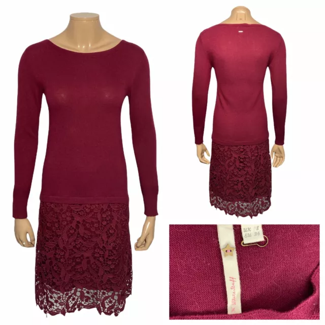 WHITE STUFF Berry Burgundy Alpaca Wool Mix Jumper Dress Lace Skirt Size 8 UK