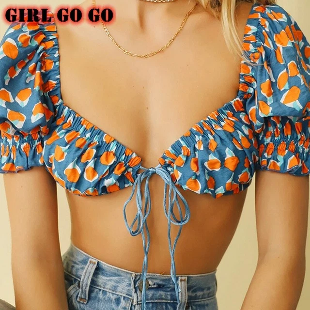 Summer Women Beach Shirt Ice Cream Print Lace Up Low Cut Crop Top Blouse Tie