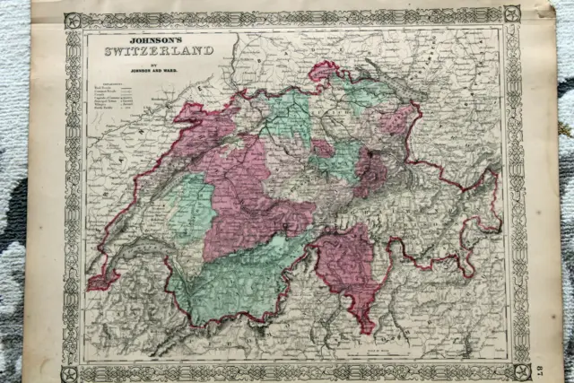1865 Rare Beautiful Antique Johnsons Atlas Map Of Switzerland-Handcolored