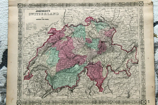 1865 Rare Beautiful Antique Johnsons Atlas Map Of Switzerland-Handcolored