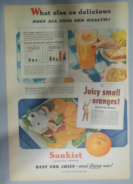 Sunkist California Oranges Ad: Juicy Small Oranges ! 1940's Size: 11 x 15 inch